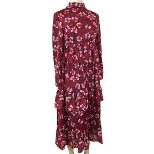 VINTAGE LADY MADONNA - WOMEN'S SMALL - BURGUNDY FLORAL LONG SLEEVE RUFFLE DRESS